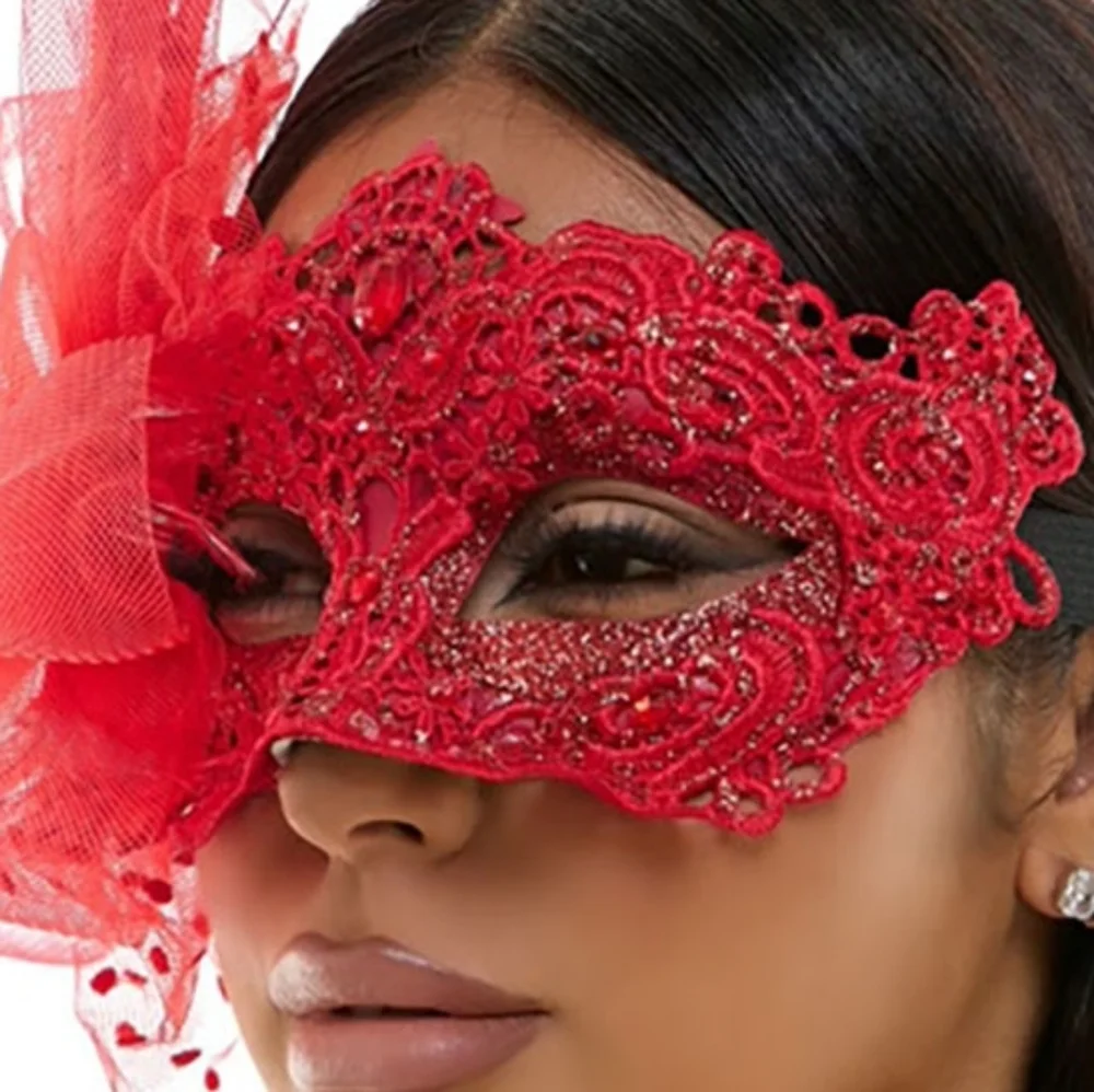 Red Lace Tulle Flower Feather Half Face Mask Masquerade Headpiece EyeMask